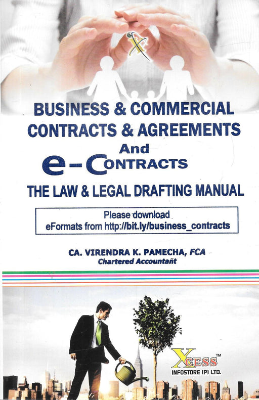 Book cover titled "Business & Commercial Contracts and Agreements and e-Contracts," showing a businessman watering a tree symbolizing business growth, by CA Virendra K. Pamecha.