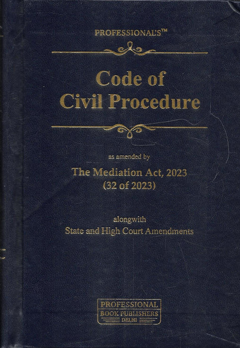 Pocket edition hardbound copy of the Code of Civil Procedure updated with the Mediation Act 2023, featuring a compact blue cover with gold lettering, designed for easy portability and everyday courtroom reference by lawyers and law students.