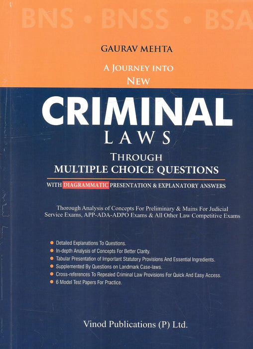 Book cover of “New Criminal Laws Through Multiple Choice Questions” by Gaurav Mehta, covering BNS, BNSS, and BSA with explanatory answers and diagrammatic presentation.