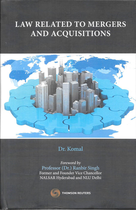 Book cover of Law Related to Mergers and Acquisitions by Dr. Komal, published by Thomson Reuters, showing a corporate skyline on interconnected puzzle pieces, designed for lawyers and corporate professionals studying M&A law.