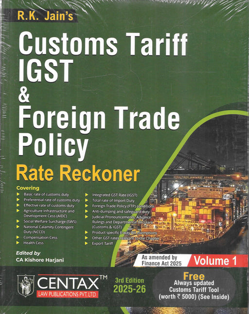 Cover image of Customs Tariff IGST & Foreign Trade Policy Rate Reckoner by R.K. Jain, updated for 2025-26 with duty rates, FTP conditions, and free online tariff tool access.