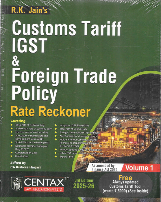Cover image of Customs Tariff IGST & Foreign Trade Policy Rate Reckoner by R.K. Jain, updated for 2025-26 with duty rates, FTP conditions, and free online tariff tool access.