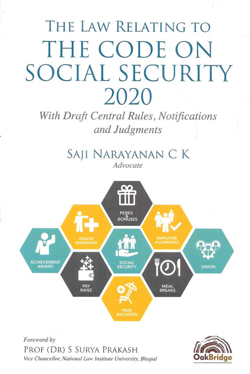 Front cover of The Law Relating to the Code on Social Security 2020 by Saji Narayanan C K, featuring icons representing social security benefits and offering a detailed legal commentary with draft rules, notifications, and judicial guidance for labour law and HR compliance professionals.