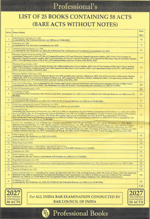 Professional's All India Bar Examination 2027 Bare Acts set containing 58 Acts in 25 books
