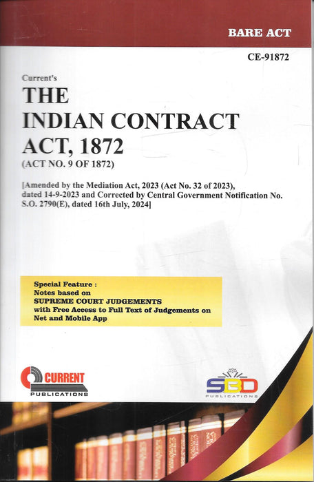 Indian Contract Act 1872 bare act book by Current Publications with latest amendments including Mediation Act 2023 featuring Supreme Court judgment notes designed for lawyers law students and legal professionals for contract law reference and courtroom use