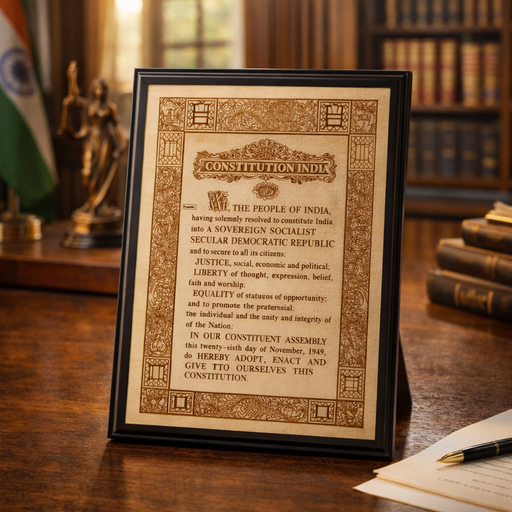 A5 wooden laser engraved plaque featuring the Preamble of the Constitution of India with ornate manuscript-style borders, framed in black with desk stand support, suitable for advocate chambers, law offices, and constitutional law institutions.