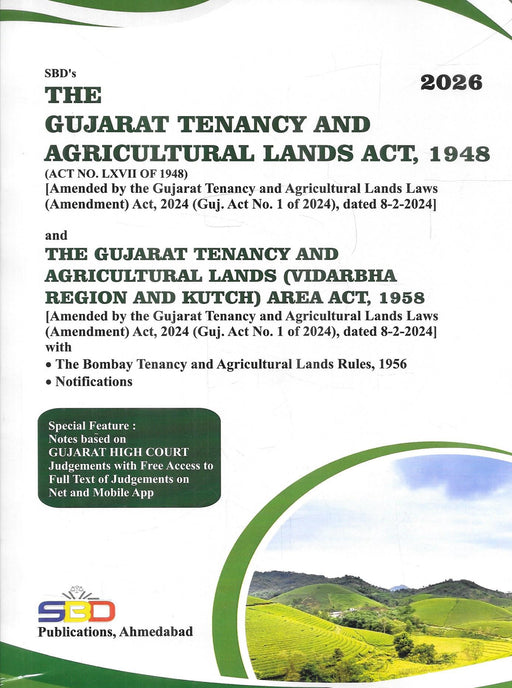 Cover of The Gujarat Tenancy and Agricultural Lands Act, 1948 & The Gujarat Tenancy and Agricultural Lands (Vidarbha Region and Kutch Area) Act, 1958 (2026 Edition) published by SBD Publications, including the 2024 amendments, Bombay Tenancy Rules, 1956, and notifications.