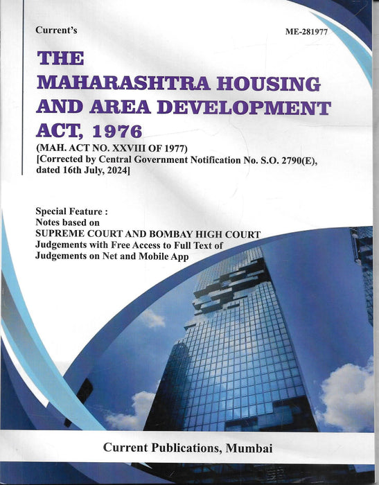 Cover of The Maharashtra Housing and Area Development Act 1976 2026 edition by Current Publications including notes based on Supreme Court and Bombay High Court judgments for MHADA and redevelopment matters.