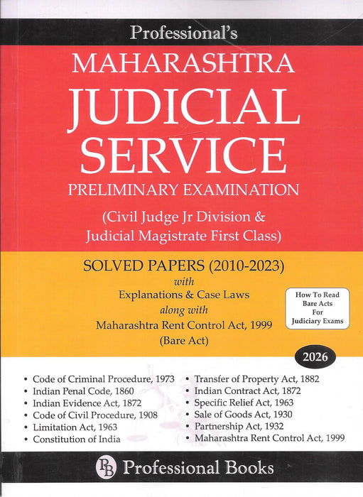 Maharashtra Judicial Service Preliminary Examination 2026 solved papers book by Professional Books featuring previous years questions with explanations covering IPC CrPC CPC Evidence Constitution and judiciary exam preparation material for law students and aspirants.