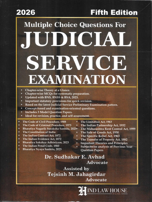 Cover of Multiple Choice Questions for Judicial Service Examination 2026 (5th Edition) by Dr. Sudhakar E. Avhad, published by Hind Law House.