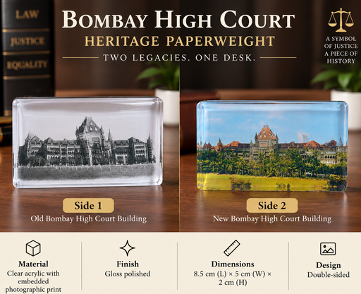 Dual-sided acrylic paperweight featuring the Old and New Bombay High Court buildings.