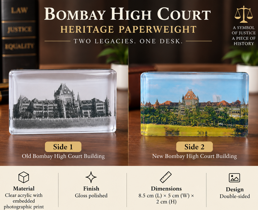 Dual-sided acrylic paperweight featuring the Old and New Bombay High Court buildings.