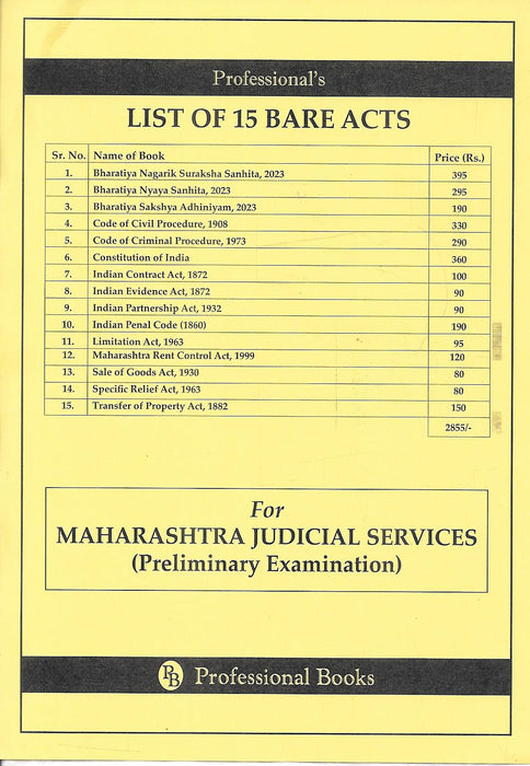 Set of 15 bare acts for Maharashtra Judicial Service Preliminary Examination 2026 including Bharatiya Nyaya Sanhita BNSS BSA CPC CrPC Constitution Contract Evidence and other key laws essential for judiciary exam preparation.