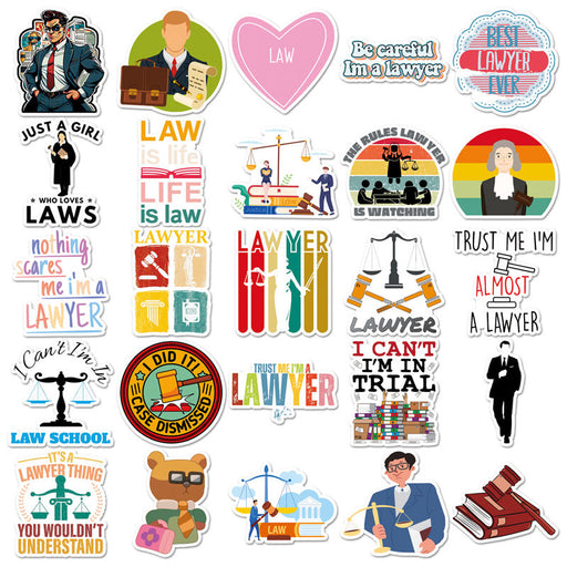 Assorted 50-piece lawyer cartoon sticker set sized 4–8cm with 8MIL waterproof PVC finish, featuring legal humor and justice-themed artwork for law students and professionals.