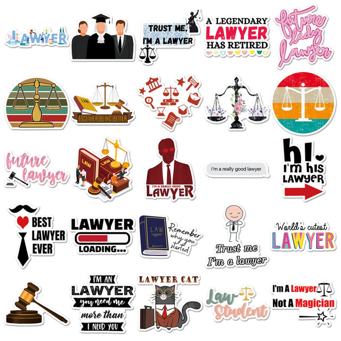 Collection of lawyer-themed stickers with various designs and text.