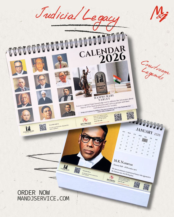 Judicial Legacy Calendar 2026 desk calendar featuring portraits of legendary Indian judges and jurists, courtroom symbolism, and heritage-inspired design, curated byHammurabi Tablet for lawyers, judges, and legal professionals seeking daily inspiration from India’s judicial history.